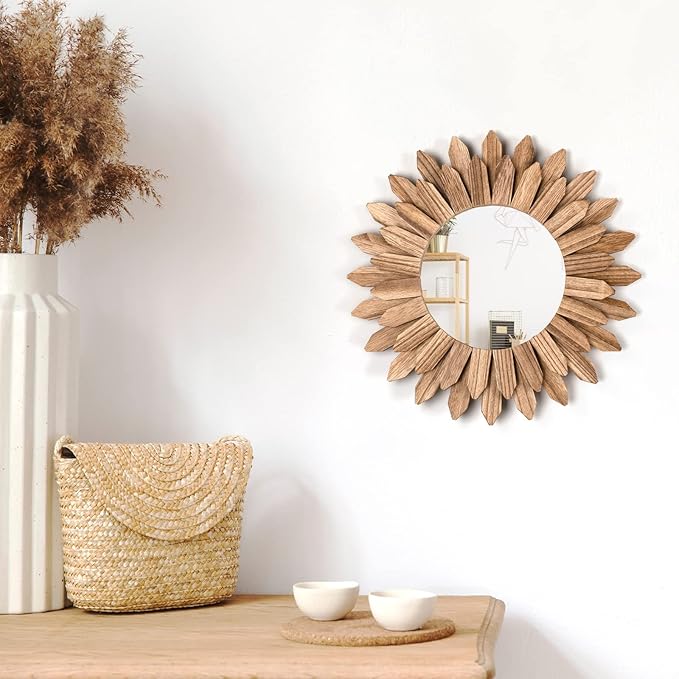 Honiway Boho Wall Decor Mirror 2 Pack Rustic Wood Mirror 12 inch Boho Mirror Home Decor Farmhouse Room Decorations for Bedroom Living Room Carbonized Black - Image 3