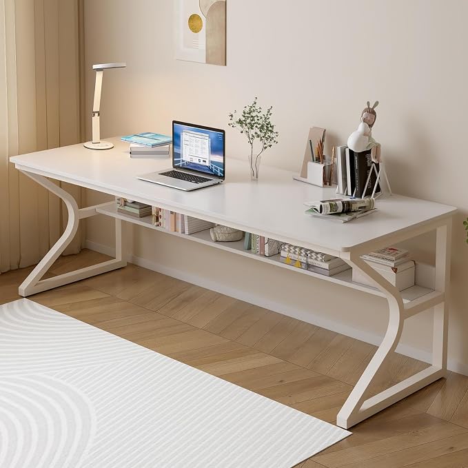 OSCHF 71-Inch Extra Long Desk with Storage Shelf, Warm White | Double Long Writing Table, Space-saving, 2-Person Workstation, Modern Study Work Computer Desk, For Home Office by OSCHF
