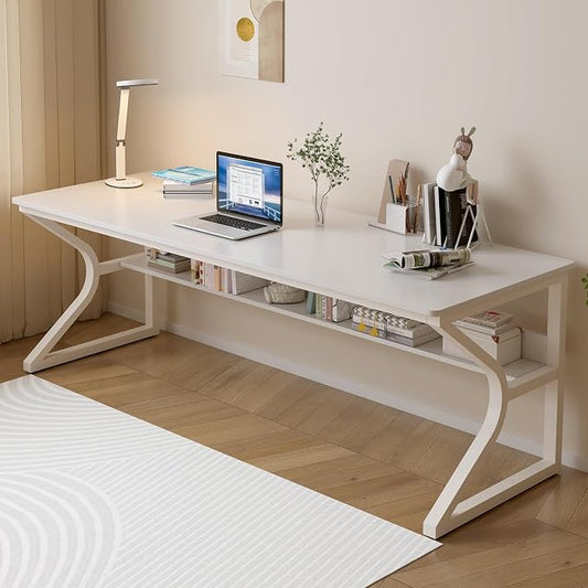 OSCHF 71-Inch Extra Long Desk with Storage Shelf, Warm White | Double Long Writing Table, Space-saving, 2-Person Workstation, Modern Study Work Computer Desk, For Home Office by OSCHF