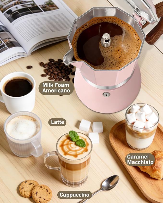 Coffee Maker Stovetop Espresso Maker 12 Cup Aluminum Moka Pot Percolator 20oz 600ml Easy Brewing for Electric Ceramic Stoves Home Camping Italian Cuban Café Classic Pink - Image 4