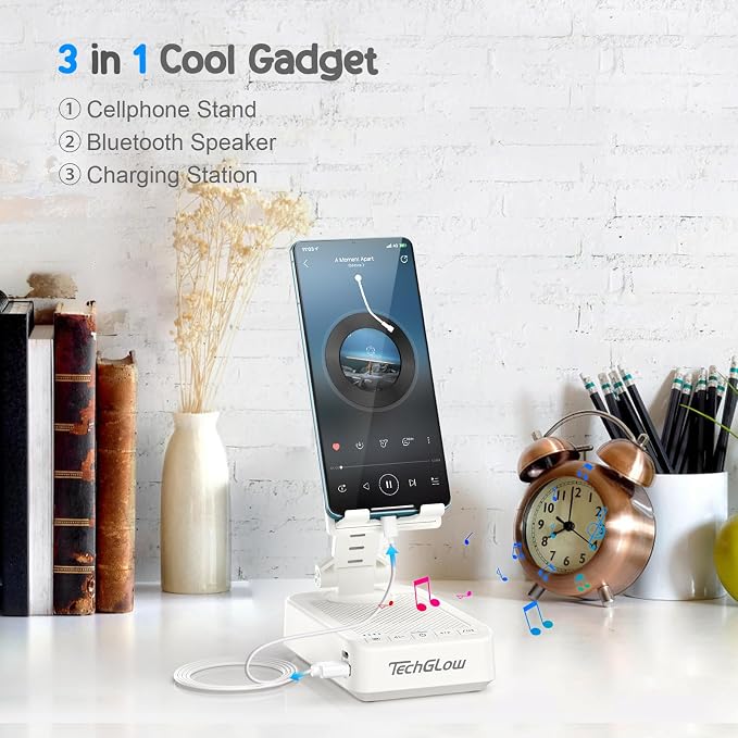 TechGlow Gifts for Men Women Foldable Cellphone Stand with Bluetooth Speaker Charging Function 360° Rotatable Phone Stand Birthday Gift Idea for Mom Dad Cool Tech Gifts-White - Image 2