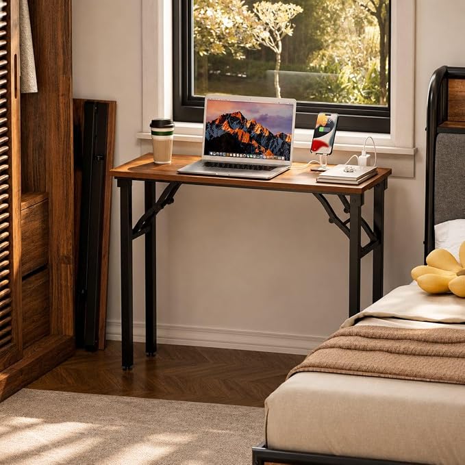 Folding Table Computer Desk - 35.8" No Assembly Folding Desk with Power Outlets & USB Charging Port, Small Desk, Foldable Office Desk, Compact Storage Portable Use for Small Space, Dark Walnut - Image 2
