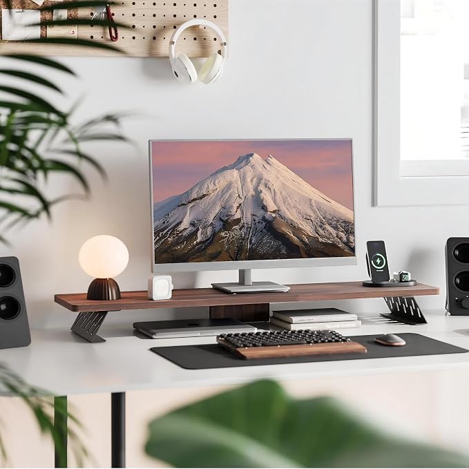 Fenge Dual Monitor Stand Riser, 42.5 Inch Desk Top Shelf for 2 Monitors, Computer Stands for Desk, Wood & Steel Desktop Riser for Laptop, PC, Printer - Image 2