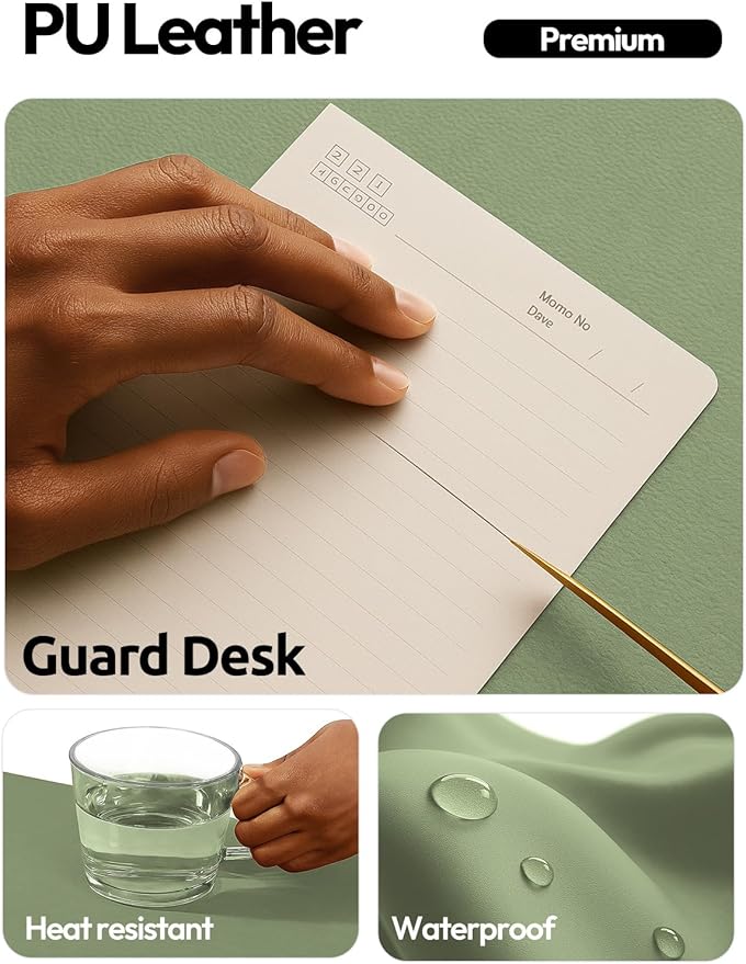 YSAGi Leather Desk Protector, Office Mat, Large Mouse Mat, Non-Slip PU Leather Blotter, Laptop Pad, Waterproof Writing Pad for Office and Home (Bamboo Green, 47" x 17") - Image 3