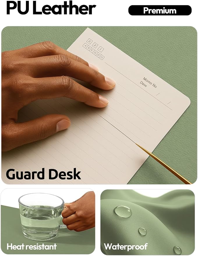 YSAGi Leather Desk Protector, Office Mat, Large Mouse Mat, Non-Slip PU Leather Blotter, Laptop Desk Pad, Waterproof Writing Pad for Office and Home (Bamboo Green, 47.2" x 23.6") - Image 3