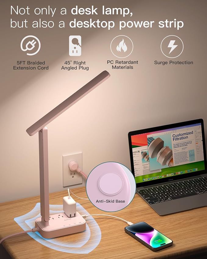 Addtam LED Desk Lamp, Power Strip with 3 Outlets 4 USB Charging Ports(2 USBC), 4 Modes 5 Level Brightness Touch Lamp, Small Desk Lamp for Home Office College Dorm Room Essentials, Pink - Image 5