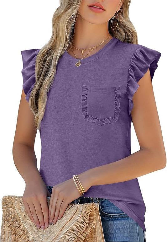 JUSTFASHIONNOW Womens Summer Tops Striped T-Shirts 2026 Ruffle Short Sleeve Crew Neck Casual Blouses with Pocket by Justfashionnow