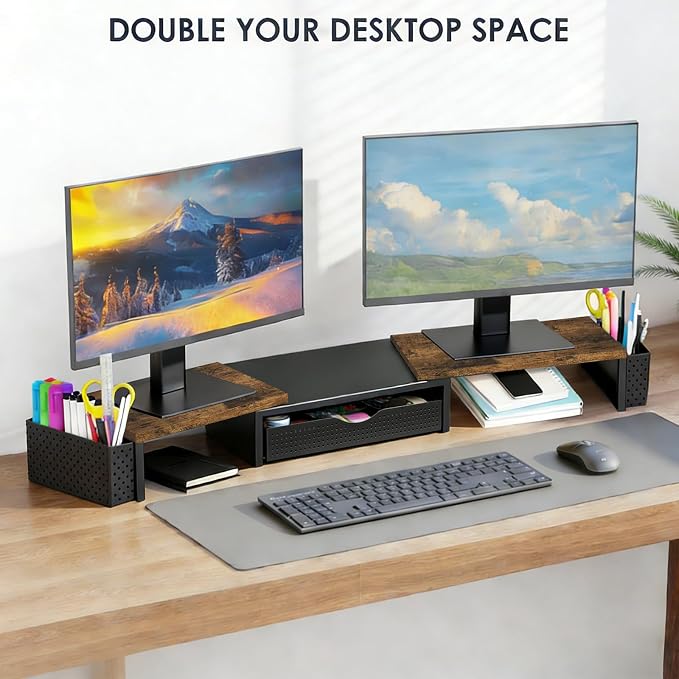 Spacrea Metal Desk Organizers and Accessories, Dual Monitor Stand Riser with Drawer and 2 Pen Holders, Desk Accessories & Workspace Desktop Organizers for Office Supplies (Wood) - Image 4