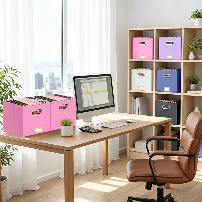 BALEINE File Organizer Box, Cardboard File Folder Organizer with Handle for Letter Size, Portable Collapsible Hanging Filing Box for Home Office Document Storage (8 Pack, Large Pink) - Image 2