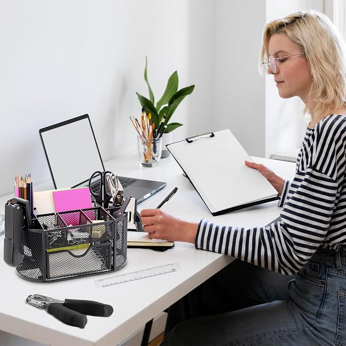 17 in 1 Black Desk Organizers and Accessories Set, 3 Office Desk Supplies Storage Organization, 4 Pens, Stapler, Staples & Remover, Tape & Dispenser, Scissors, Ruler, Clips, Hole Punch, Back to School - Image 9