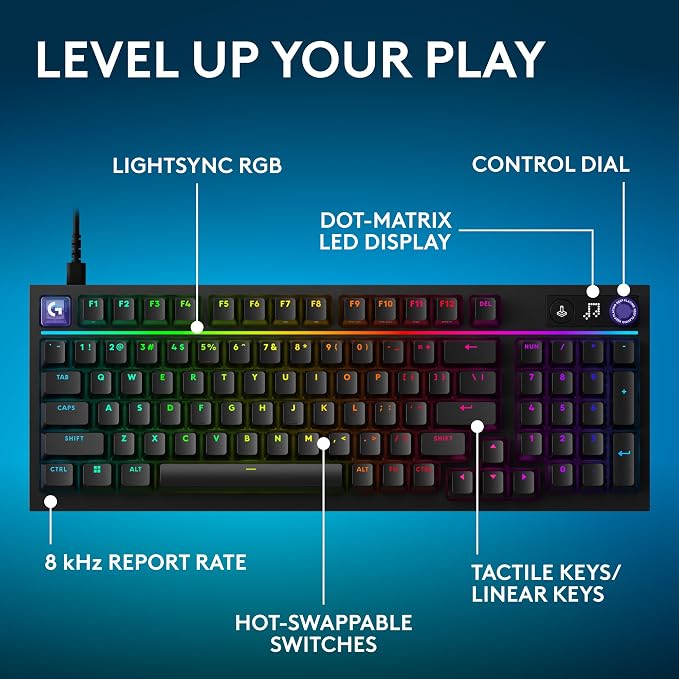 Logitech G316 X 98 Mechanical Gaming Keyboard (Tactile) - Black | Hot-Swappable Tactile Mechanical Switches, Gasket Design, PBT Keycaps, <8Khz, LIGHTSYNC RGB, Dot-Matxix LED Display, USB-C - Image 3