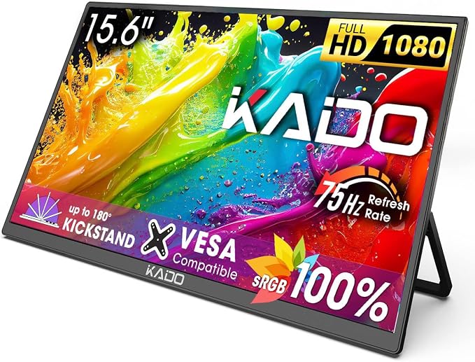 Kado 15.6" 1080p 75Hz Portable Monitor for Laptop, 100% sRGB Second Display | FHD 45W Reverse Charge HDMI USB-C IPS Laptop Screen Extender, 180° Kickstand for PC, Mac, Dex, Tablet, Xbox, PS4/PS5, Switch by Kado