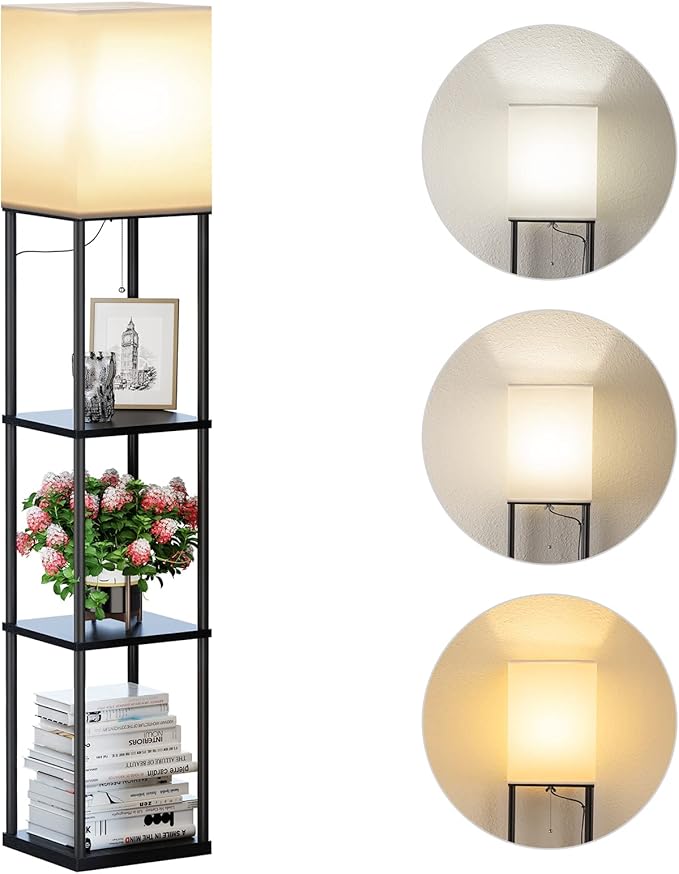 SUNMORY Floor Lamp with Shelves, Modern Square Standing Lamp with 3 Color Temperature Bulb, Corner Display Bookshelf Lamp for Living Room and Bedroom(Black) by SUNMORY