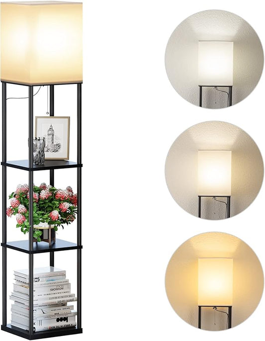 SUNMORY Floor Lamp with Shelves, Modern Square Standing Lamp with 3 Color Temperature Bulb, Corner Display Bookshelf Lamp for Living Room and Bedroom(Black) by SUNMORY