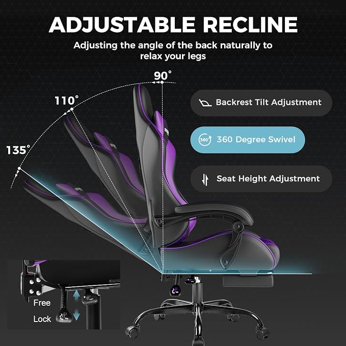 GTPLAYER Gaming Chair, Computer Chair with Footrest and Lumbar Support, Height Adjustable Game Chair with 360°-Swivel Seat and Headrest and for Office or Gaming (Faux Leather, Purple) - Image 5