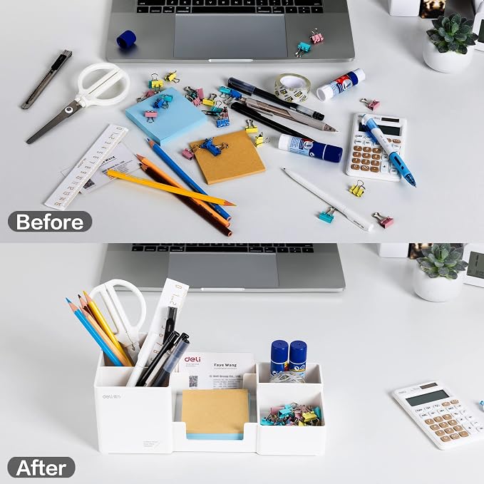deli Desk Organizer, Plastic Desktop Organizer with Pencil Holder and Sticky Note Tray, Office Stationery Supplies Organizers Accessories Caddy, 6 Compartments, White - Image 6