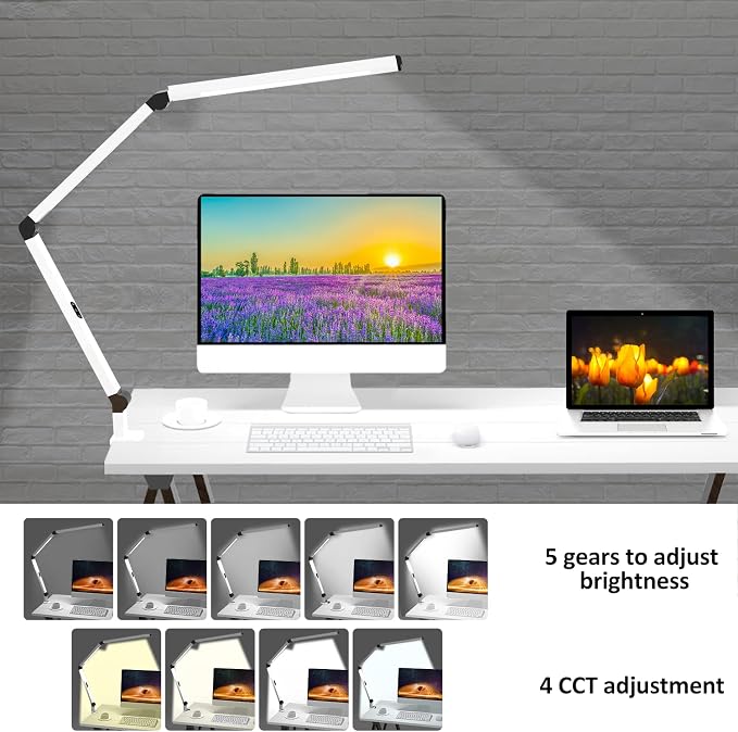 Micomlan LED Desk Lamp for Home Office, Architect Clamp Desk Lamp with Remote Control, Adjustable Dimmable Swing Arm Clamp on Table Light Clip-on Dual Light 5 Brightness Levels & 4 CCT Modes - Image 5