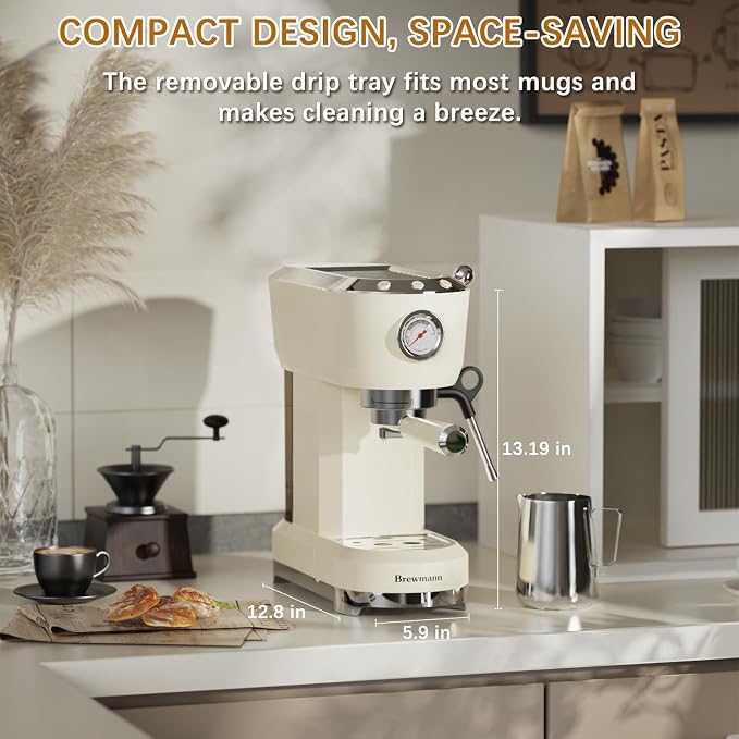 Espresso Machine 20 Bar, Latte and Cappuccino Machine with Steam Milk Frother, Fast Heating, Professional Espresso Maker for Home, 42oz Removable Water Tank, Cream - Image 2