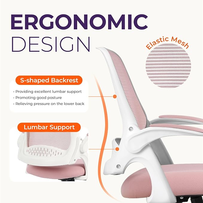 NEO CHAIR Office Desk Gaming Ergonomic Computer Chair with Lumbar Back Support Adjustable Height Swivel Rolling Wheels Flip-up Arms Mesh Chair for Home Vanity (Pink) | Lumbar Support, Height Adjustment, 360° Swivel and Rolling Base, Space-Saving Design... - Image 3