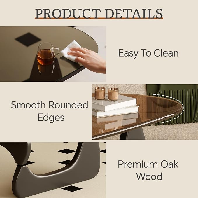 Coffee Table for Living Room Mid Century Modern Center Table with Glass Top and Wood, 32 Inch, Brown/Black - Image 6