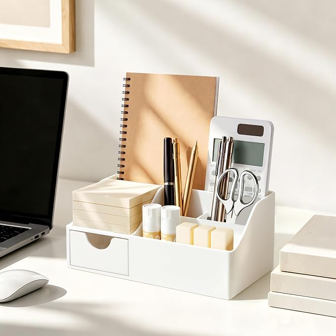 HBlife Acrylic Desk Organizer with Drawer, Pen & Pencil Holder, Multifunctional Desktop Caddy for Office Supply and Organization (White) - Image 5