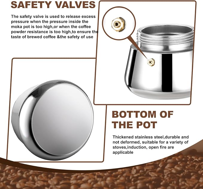 4 Cup Stovetop Espresso Maker Stainless Steel Moka Pot Stove Top Percolator Italian Coffee Makers Capable Mocha Greca Machine Cafe Classic Induction Cookers for Home and Camping 200ml 6.6oz - Image 8