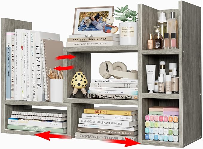 NUTIKAS Desk Shelves Desktop Organizer Shlef - Grey Office Organization for Top of Desk Organizers and Accessories Corner Bookshelf Table Top Shelving Small Hutch Decorations for Office by NUTIKAS