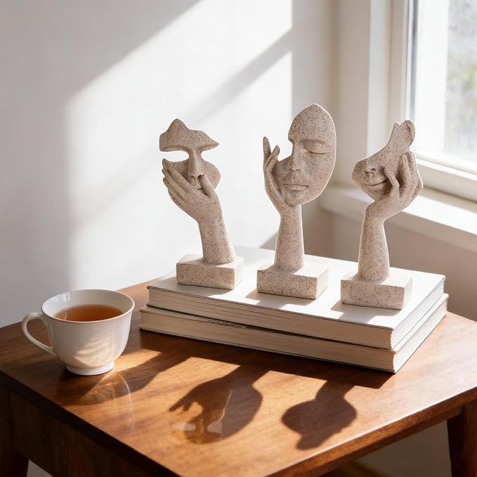 3 Pcs Thinker Statue - Resin Art Abstract Home Accent Figurines for Decor Apartment Bookshelf Floating Shelf Living Room Coffee Table Office Desk Counter Decor (3 Pcs Sandstone, 6") - Image 5
