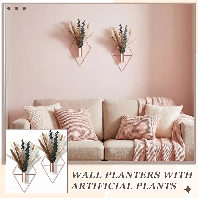 Jexine 4 Pcs Hanging Planters with Artificial Pampas Rose Gold Metal Hanging Vase Indoor Plants Holder Modern Geometric Boho Bathroom Wall Decor for Living Room Home Office - Image 6
