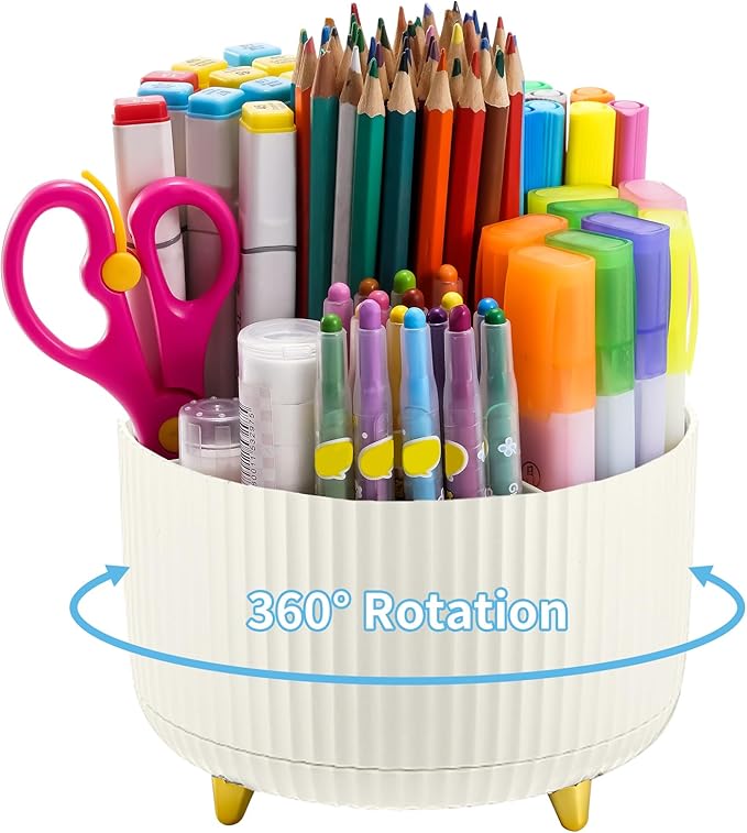 Marbrasse Desk Organizer, 360-Degree Rotating Pen Holder, 5-Compartment Pencil Organizer, Art Supply Storage Box Caddy for Office and Home (Ivory) by Marbrasse