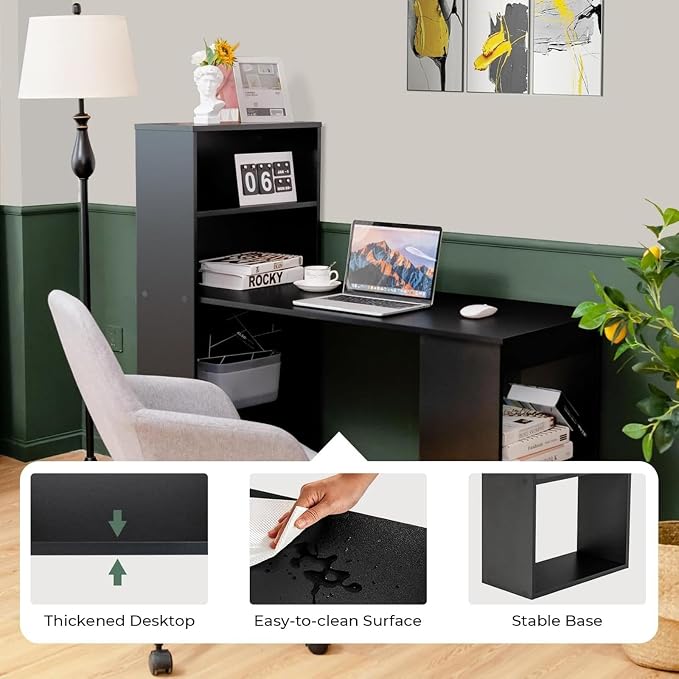 Tangkula Computer Desk with Bookshelf, Writing Study Desk with Storage Shelves & CPU Stand, Modern Compact Computer Workstation for Home & Office, Space-Saving Design (Black) | Bookcase Desk w/Bookshelf Storage Shelves & CPU Stand, Space-Saving Design ... - Image 7