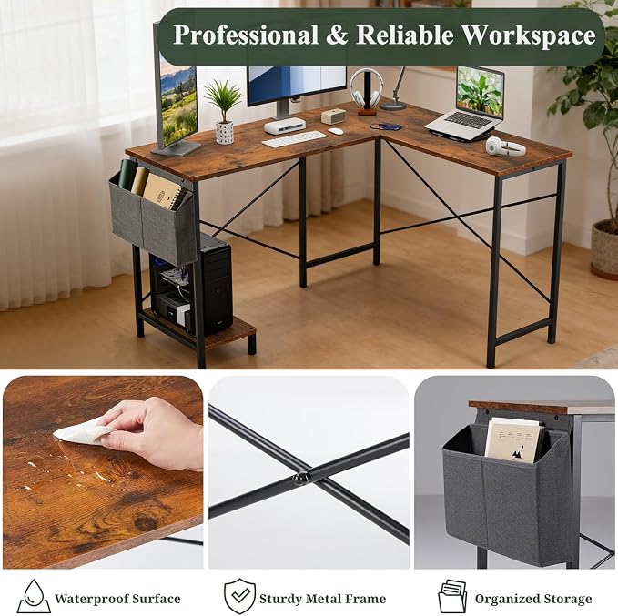 L Shaped Desk Computer Desk, 50inch Brown Gaming Desk with CPU Stand | Reversible Corner Desk, Storage Bag, Sturdy Metal Frame, Student Study Writing Table for Home Office - Image 5