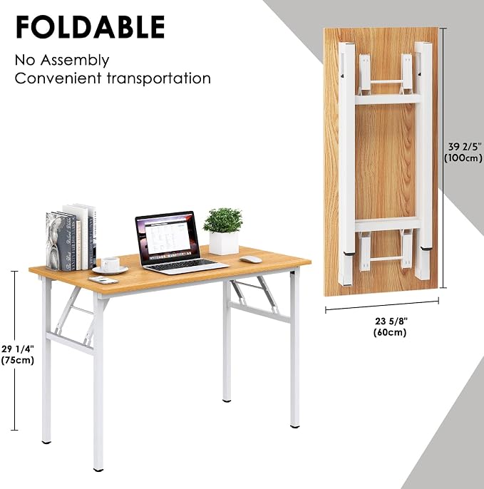 Need Office Computer Desk 39.3 Inch Sturdy Folding Laptop Table Teak | White Frame Writing Gaming Work Table/Foldable Home Office Desk/Sewing Table, No Assembly Required - Image 3
