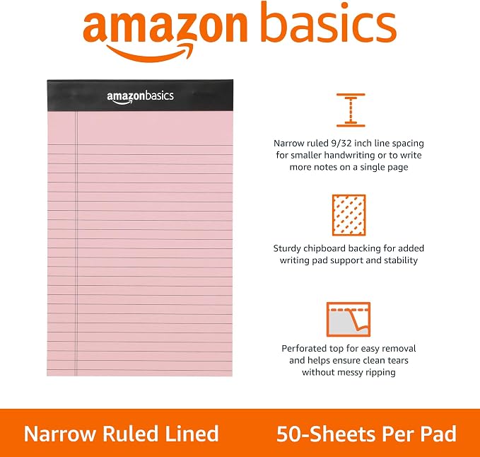 Amazon Basics Narrow Ruled Writing Pads, Perforated, 5" x 8", Multicolor, 6-Pack of 50 Sheets - Image 2