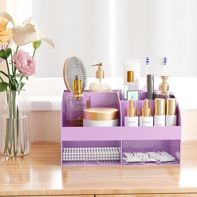 Makeup Organizer with Drawers, Cosmetic Storage for Dresser Vanity and Bathroom Countertop, Beauty Holder for Lipstick Brush, Skincare Organizer for Vanity, Cosmetic Display Case (Purple) - Image 5
