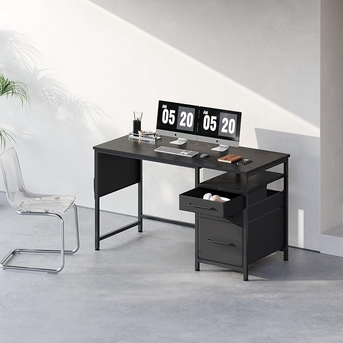 Maihail Small Desk with Drawers, Office Desk with Storage Shelves, Black | 47 Inch Desktop, Metal Frame, 3 Fabric Drawers, Storage Shelves, Computer & Writing Desk, Office Gaming Workstation - Image 2