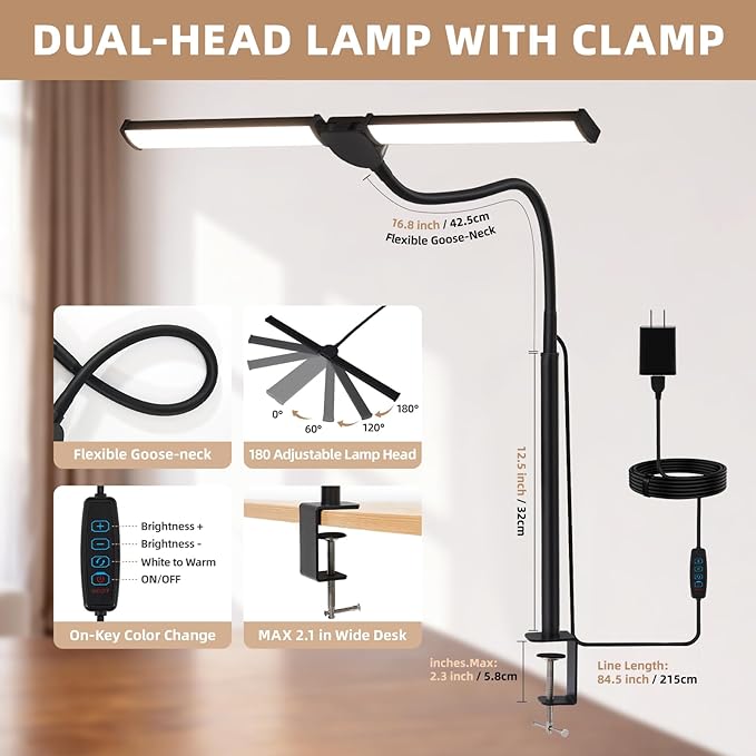 Voncerus LED Desk Lamp for Home Office, Double Head Desk Light with Clamp | 3 Modes 10 Brightness, Long Flexible Goose-Neck, Eye-Caring, Memory Function, Energy Efficient, USB Adapter, Metal, Black - Image 3