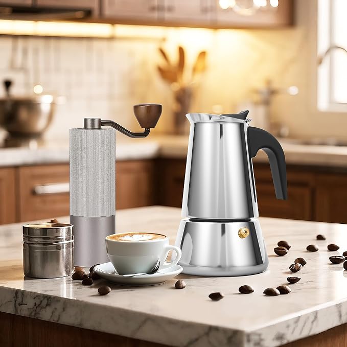 4 Cup Stainless Steel Moka Pot, 200ml Stovetop Espresso Maker, Silver - Image 8