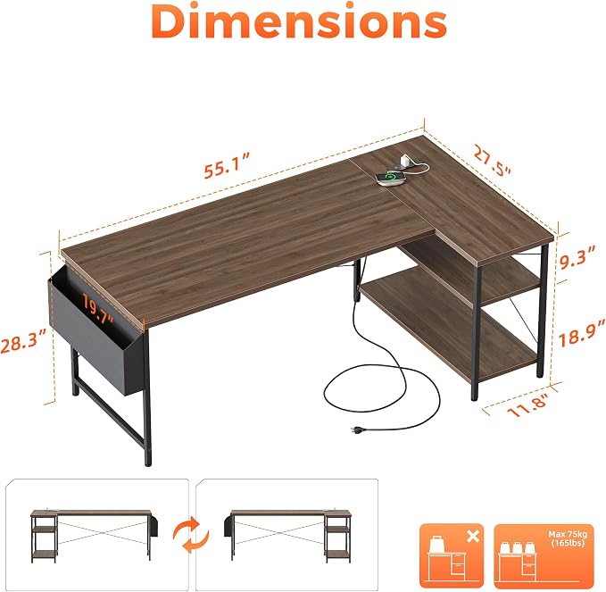 Mericonia 55 inch L Shaped Gaming Desk, Large Corner Desk with Shelves | Reversible Computer Desk with Power Outlets & Storage Bag, Office Table for Home Bedroom Study Work Writing - Image 2