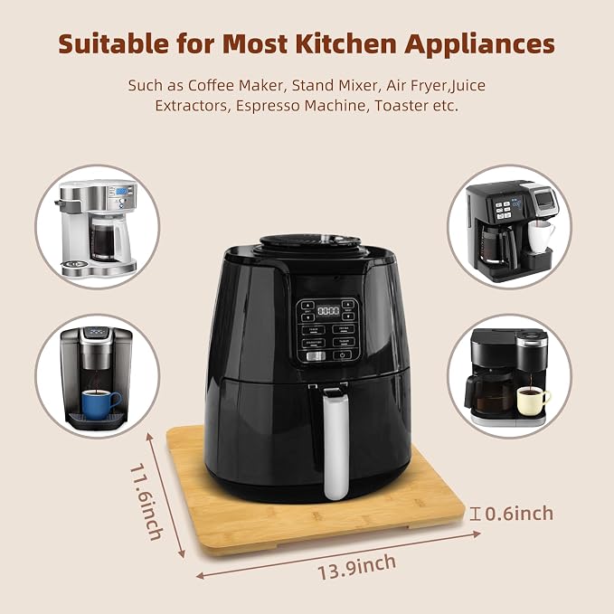 360°Rolling Tray Bamboo Kitchen Appliance Slider for Coffee Maker Pot | Countertops Sliding Tray Mat for Kitchen Appliances Easily Move Under The Cabinet Natural 11.6×13.9 - Image 2
