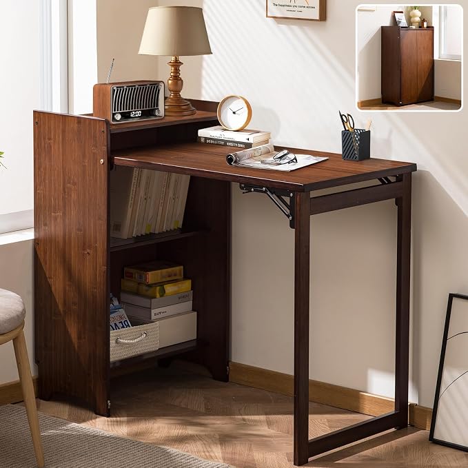 Bamboo Folding Desk with Storage, Foldable Desk for Small Spaces, Brown | Space-Saving Computer Desk with Storage, Compact Size, Writing Study Table for Home Office, Bedroom, Dorm, Apartment by Usofhaus