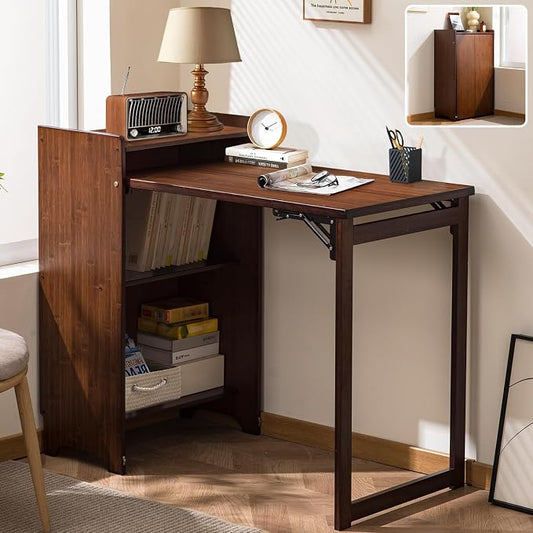 Bamboo Folding Desk with Storage, Foldable Desk for Small Spaces, Brown | Space-Saving Computer Desk with Storage, Compact Size, Writing Study Table for Home Office, Bedroom, Dorm, Apartment by Usofhaus