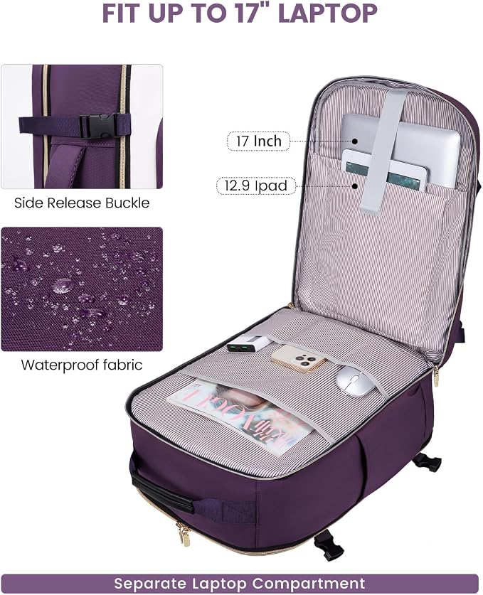 LOVEVOOK 40L Travel Backpack for Women & Men, Airline Approved Carry On Luggage with 3 Packing Cubes, TSA Overnight Bags, Waterproof Personal Item Bag, Weekender Essentials Backpacks fits 17" Laptop - Image 8