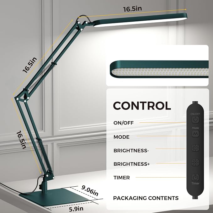 SKYLEO LED Desk Lamp with Slim Base - Adjustable Swing Arm Desk Light, Dimmable, Timer, Eye Protection, Memory Function, 1300LM, 12W, Green - Image 3