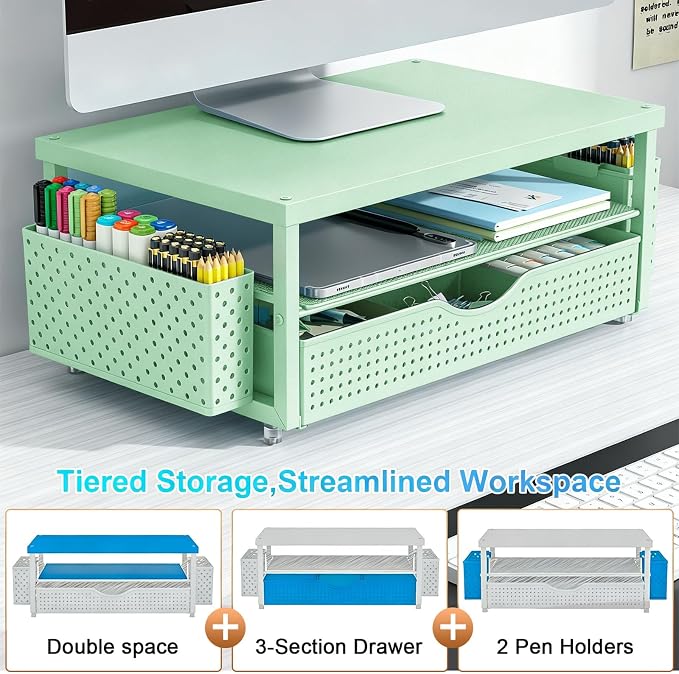 gianotter Desk Organizers and Accessories, Monitor Stand with Drawer and 2 Pen Holder, Desktop Organizer Suitable for Offices and Dormitories (Sage Green-Plain) - Image 4