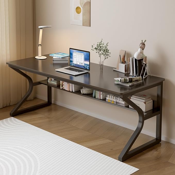 OSCHF 63-Inch Extra Long Desk with Storage Shelf, Black | Double Long Writing Table, Space-saving, 2-Person Workstation, Modern Study Work Computer Desk, For Home Office by OSCHF