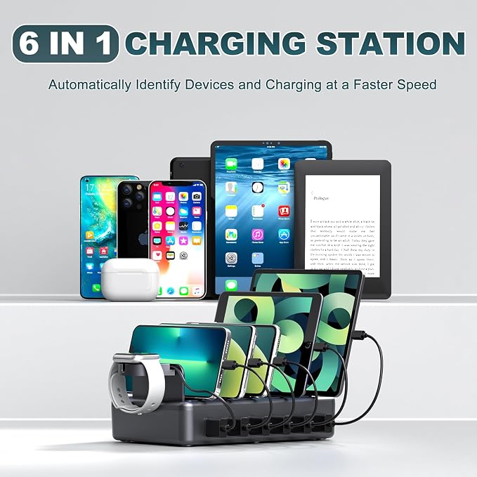 Charging Station for Multiple Devices, 6 in 1 Charger Station Multiple Charging Station for Cellphone Tablet iPhone iPad and More-50W Charging Dock with Mixed Charging Cables - Image 6
