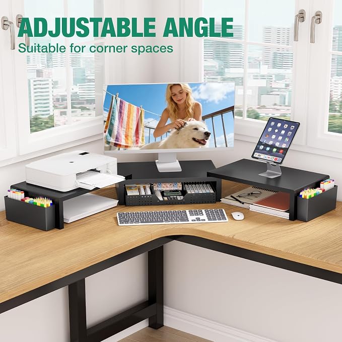OPNICE Dual Monitor Stand Riser with Drawer and 2 Pen Holders, Desk Organizer for Office Supplies, Computer Monitor Stand for Desk, Workspace Desk Accessories for Home Office, Black - Image 4