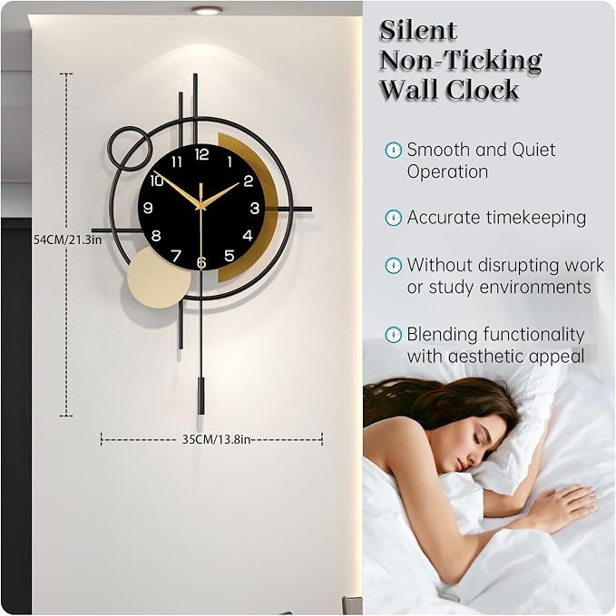 Wall Clock for Living Room Decor Decorative Wall Clock with Pendulum Silent Quartz Battery Operated Black Metal Large Clock for Dining Room,Kitchen,Home,Bathroom,Bedroom,13.8x21.3 in - Image 4