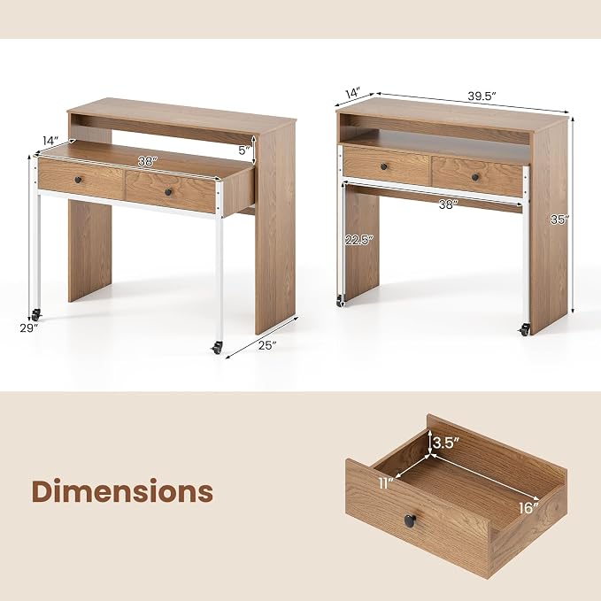 Giantex Small Computer Desk with Hutch & Drawers, Extendable Writing Desk w/Pull Out Secondary Table, Monitor Stand & Rolling Wheels, Console Table, Compact Desk for Small Spaces (Natural) - Image 3